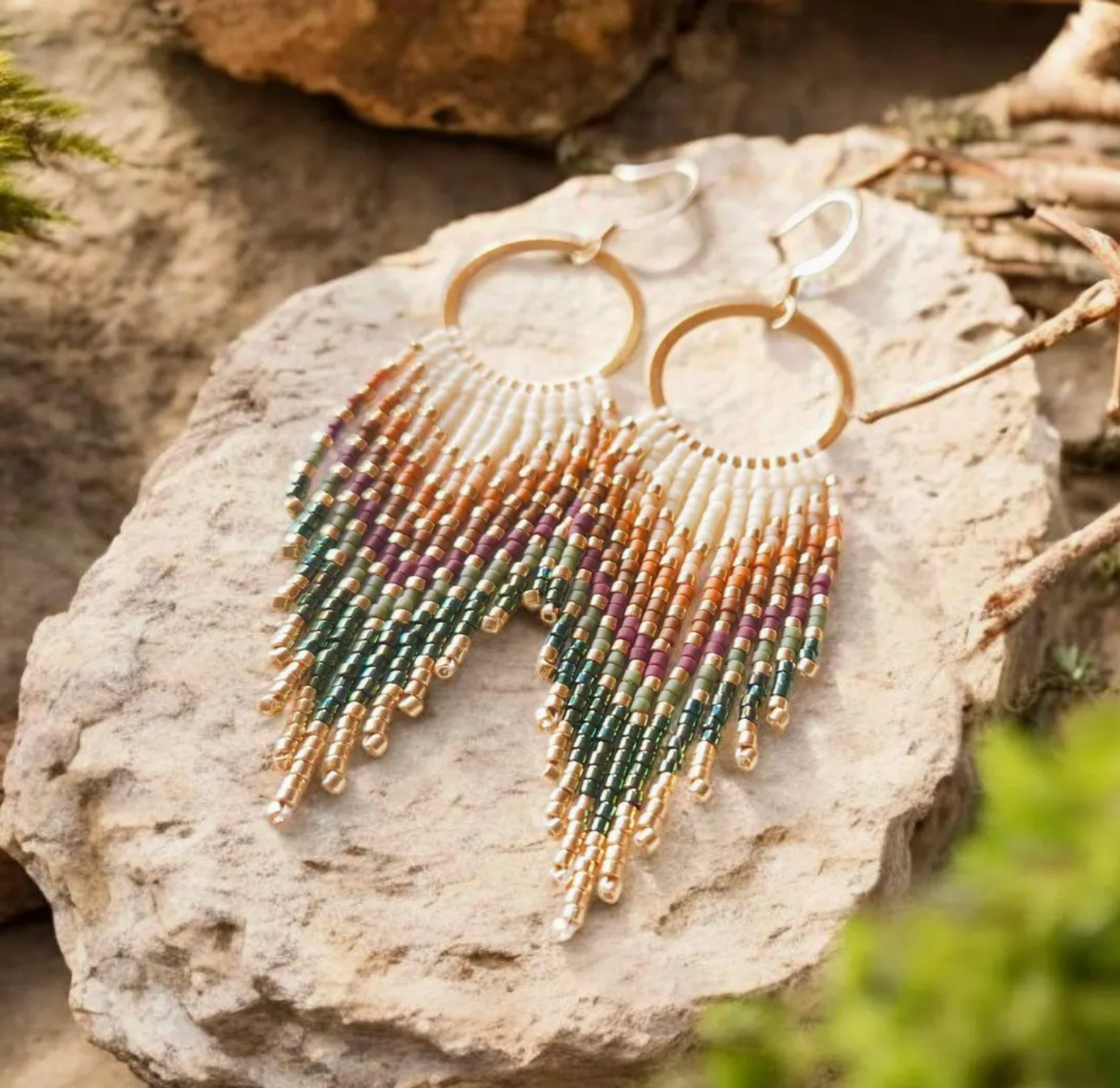 Fringe Beaded Hoop Earrings in Autumn Earth Tones
