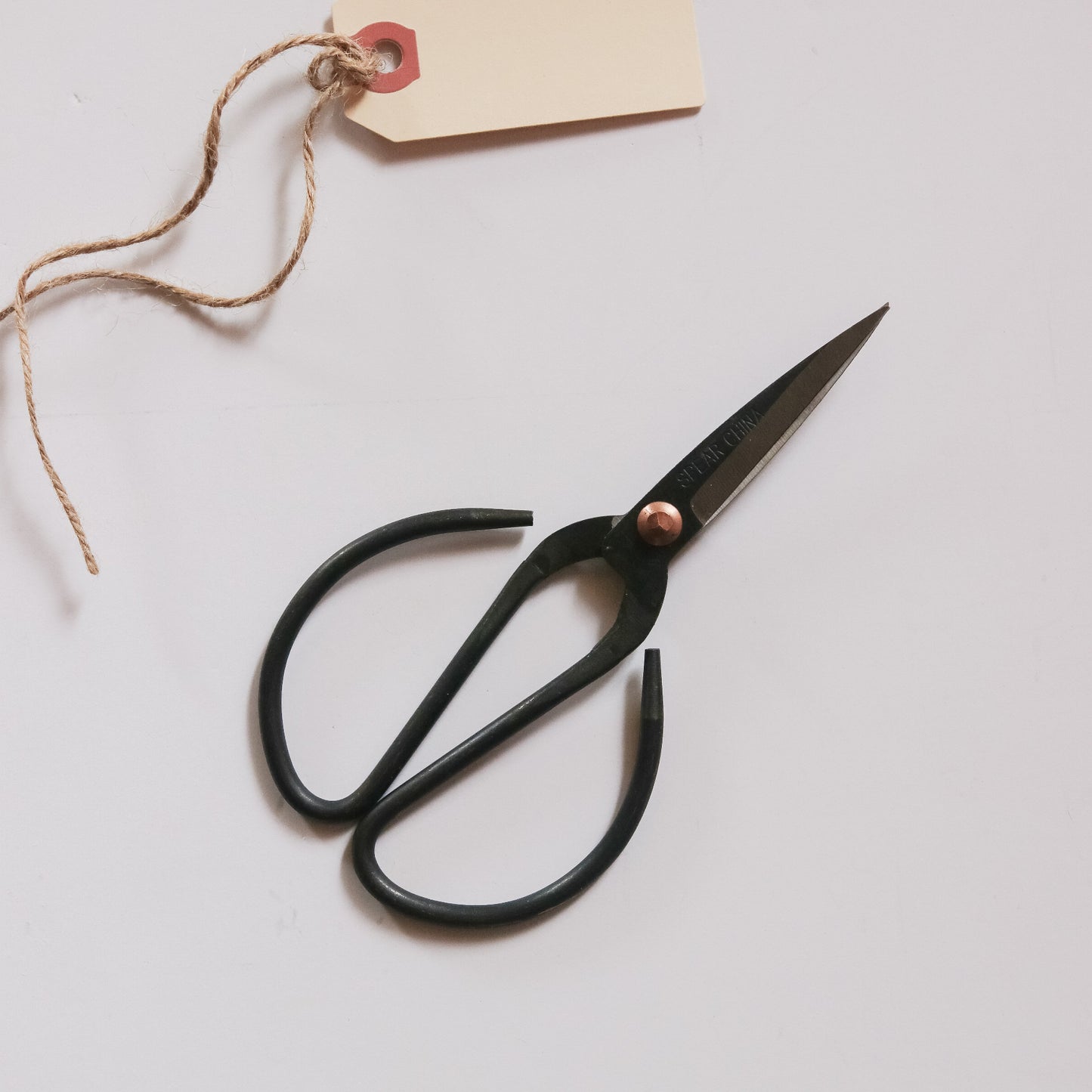 Black scissors on a light gray background with a string and tag.