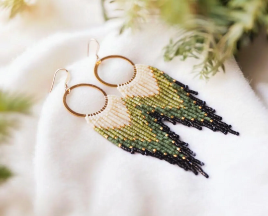 Handwoven Green Fringe Hoop Earrings