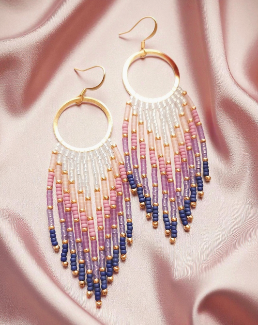 Purple Fringe Beaded Hoop Earrings