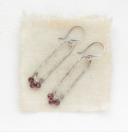 Garnet and Sterling Silver Forged Long Hoop Earrings