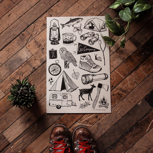 Go Camping wall art black on brown paper