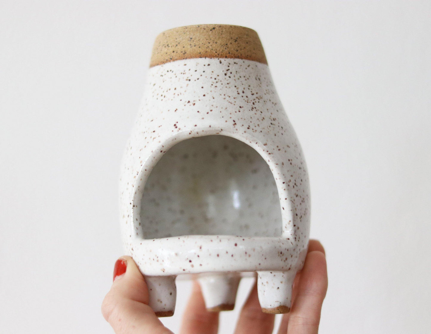 White speckled ceramic chiminea. Perfect for incense, palo santo or a tea light candle.