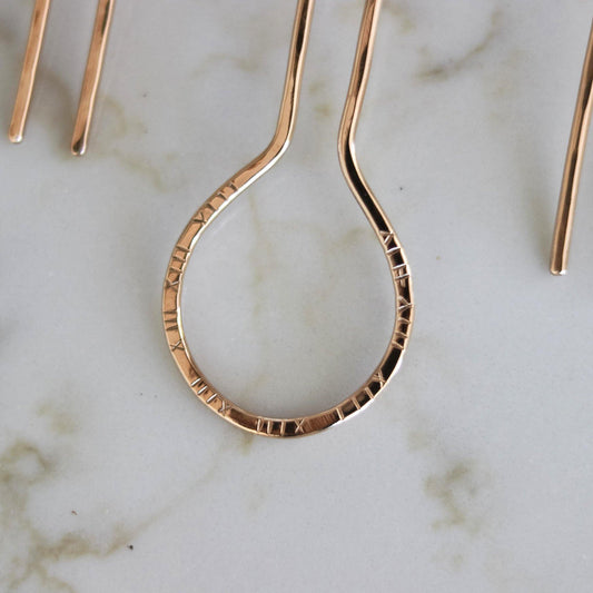 Bronze hand-forged and hammered hair pin. Gold-toned hair fork. Long hair accessory.