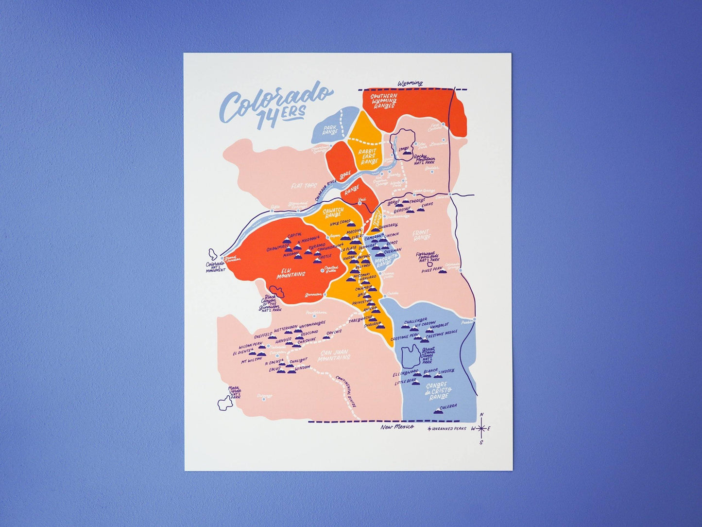 Colorful Colorado 14ers Map. Hiking Colorado Wall Map. Colorado wall art.
