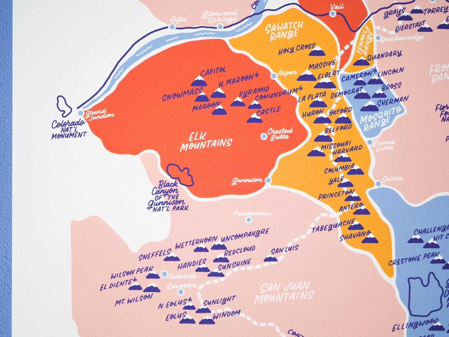 Colorful Colorado 14ers Map. Hiking Colorado Wall Map. Colorado wall art.