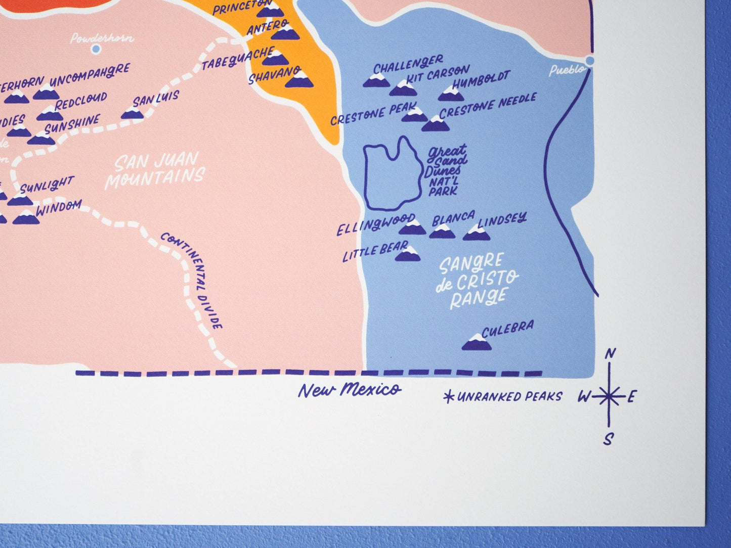 Colorful Colorado 14ers Map. Hiking Colorado Wall Map. Colorado wall art.