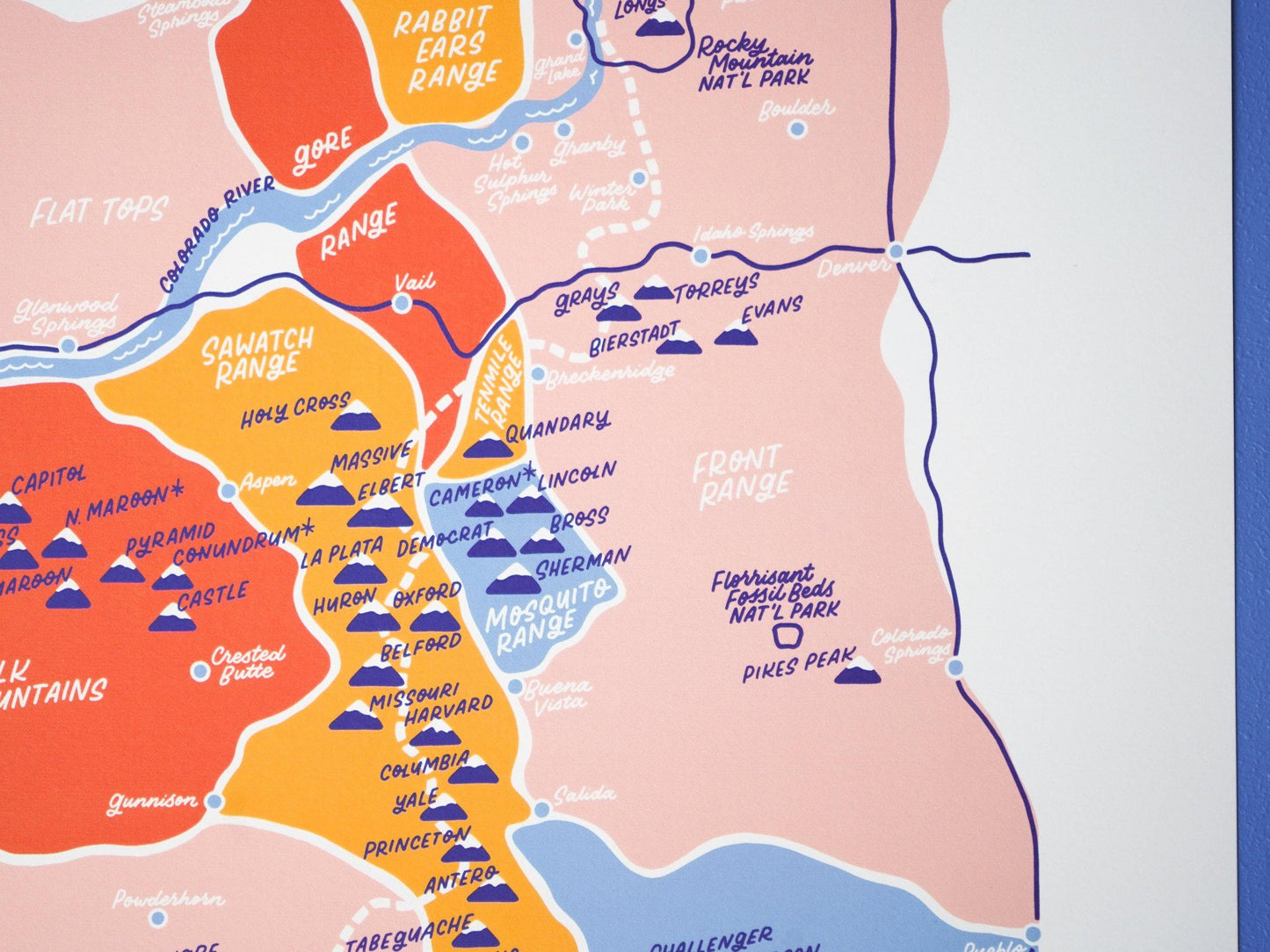 Colorful Colorado 14ers Map. Hiking Colorado Wall Map. Colorado wall art.