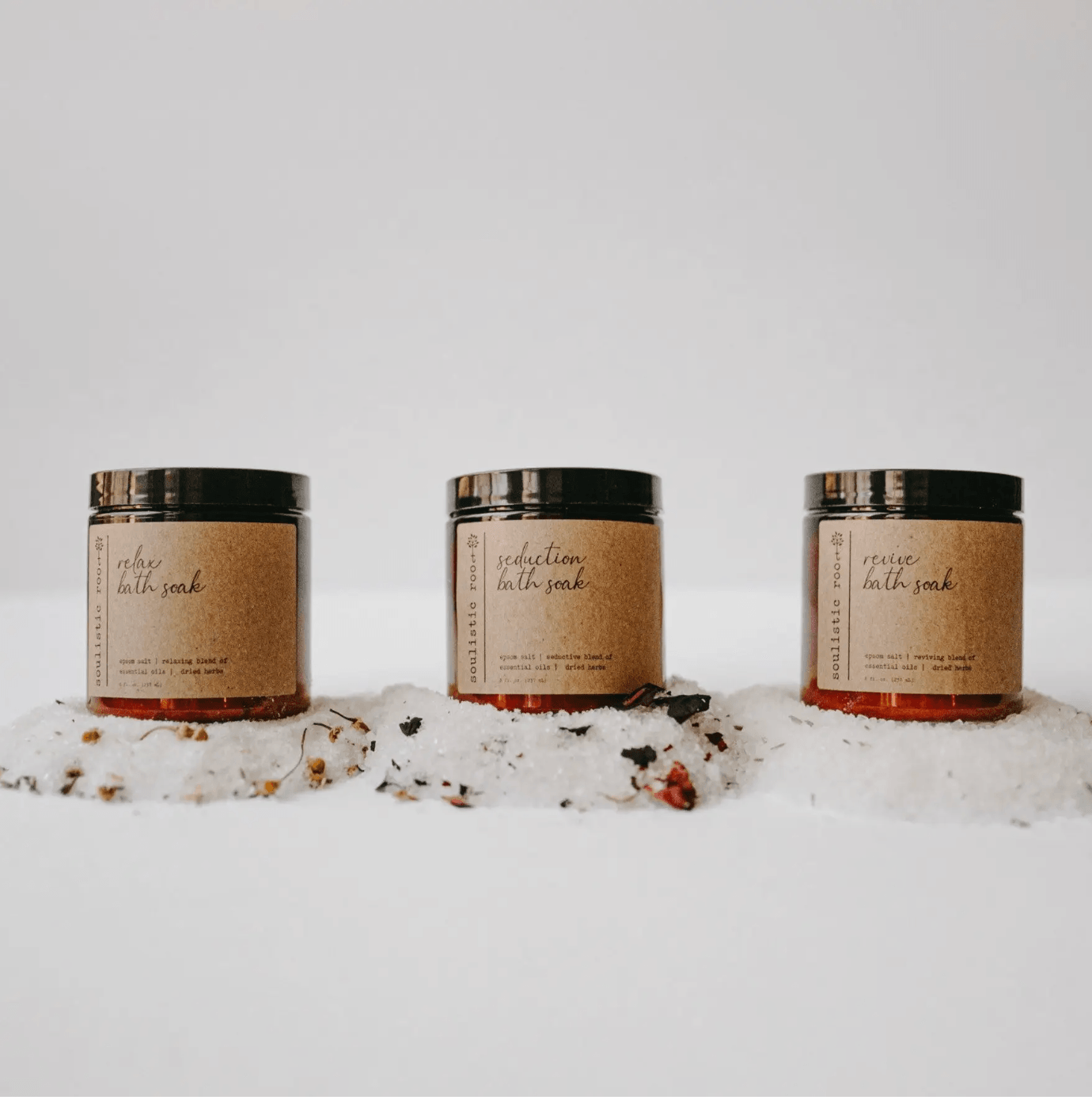 assorted bath soak salts in amber jars