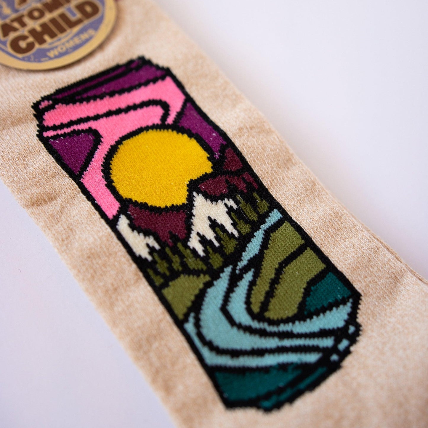 Womens mountain socks, multi-color with mountain scenes