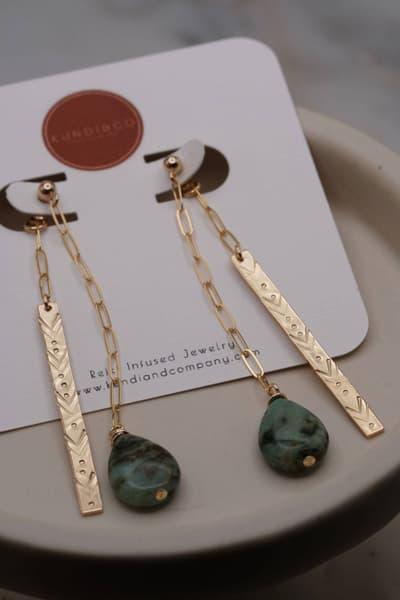 Gold dangle earring with dangle backing earjacket. turquoise detail teardrop