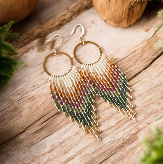 Fringe Beaded Hoop Earrings in Autumn Earth Tones