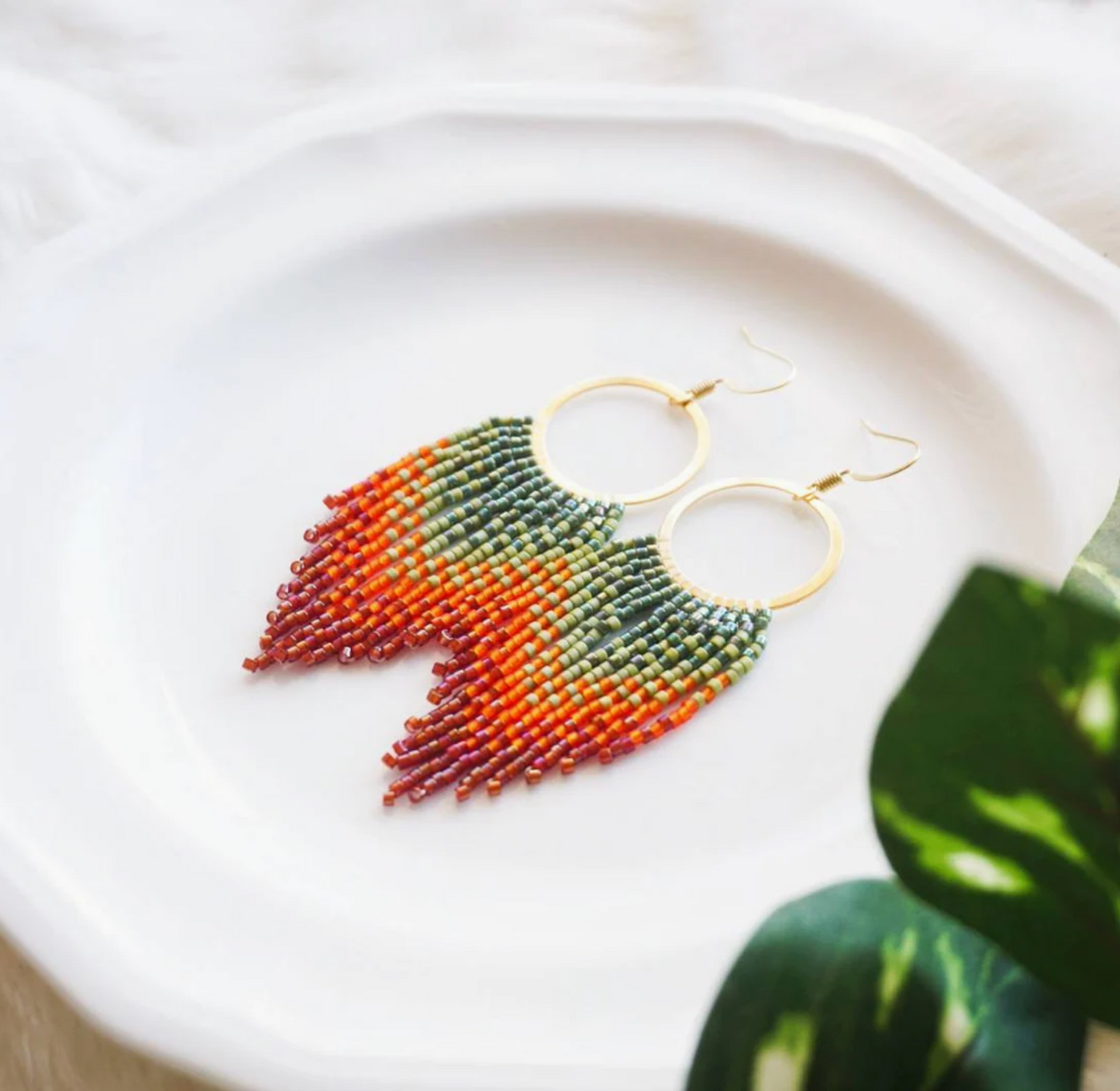 Handwoven Fringe Hoop Earrings: Red, Orange, Green