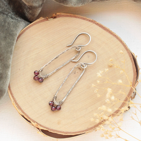 Garnet and Sterling Silver Forged Long Hoop Earrings