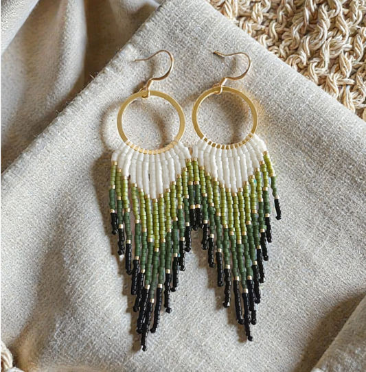 Handwoven Green Fringe Hoop Earrings