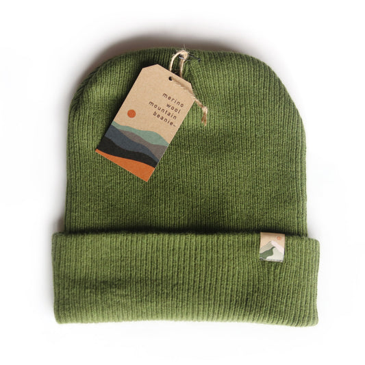Green beanie with a tag on a white background