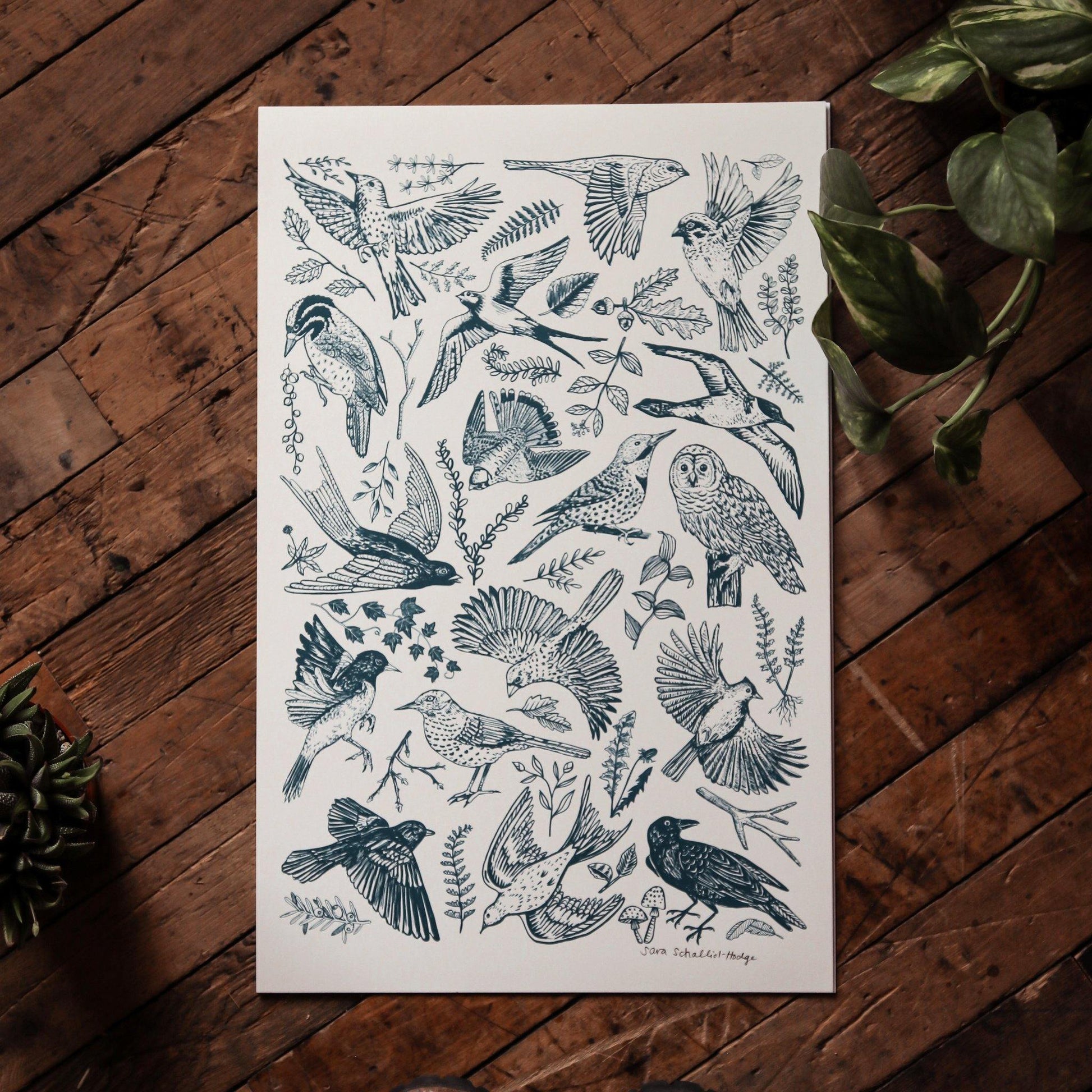 Blue Bird and Botanical Wall Art Print