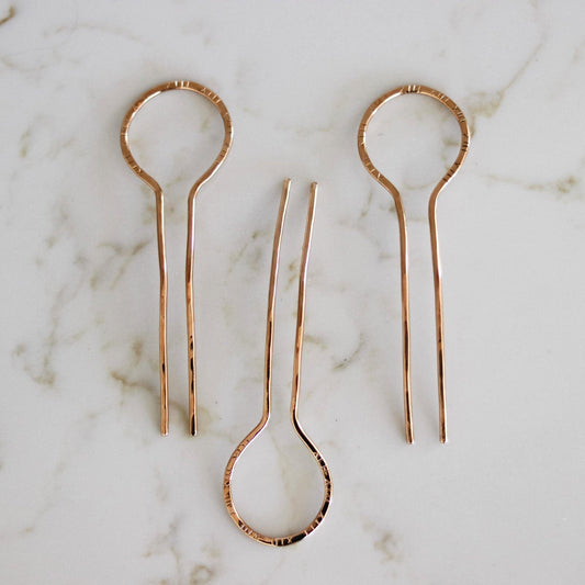 Bronze hand-forged and hammered hair pin. Gold-toned hair fork. Long hair accessory.