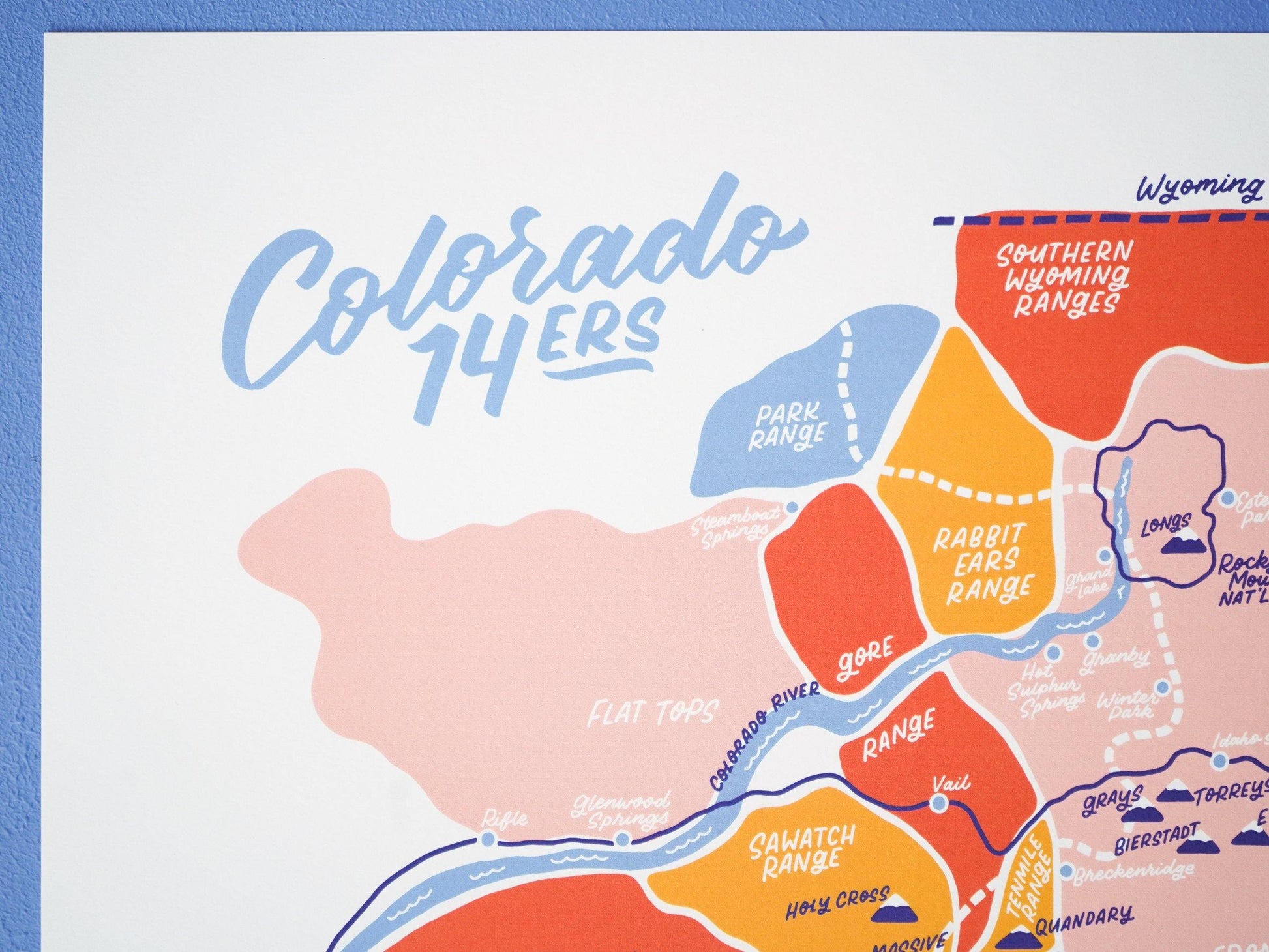 Colorful Colorado 14ers Map. Hiking Colorado Wall Map. Colorado wall art.