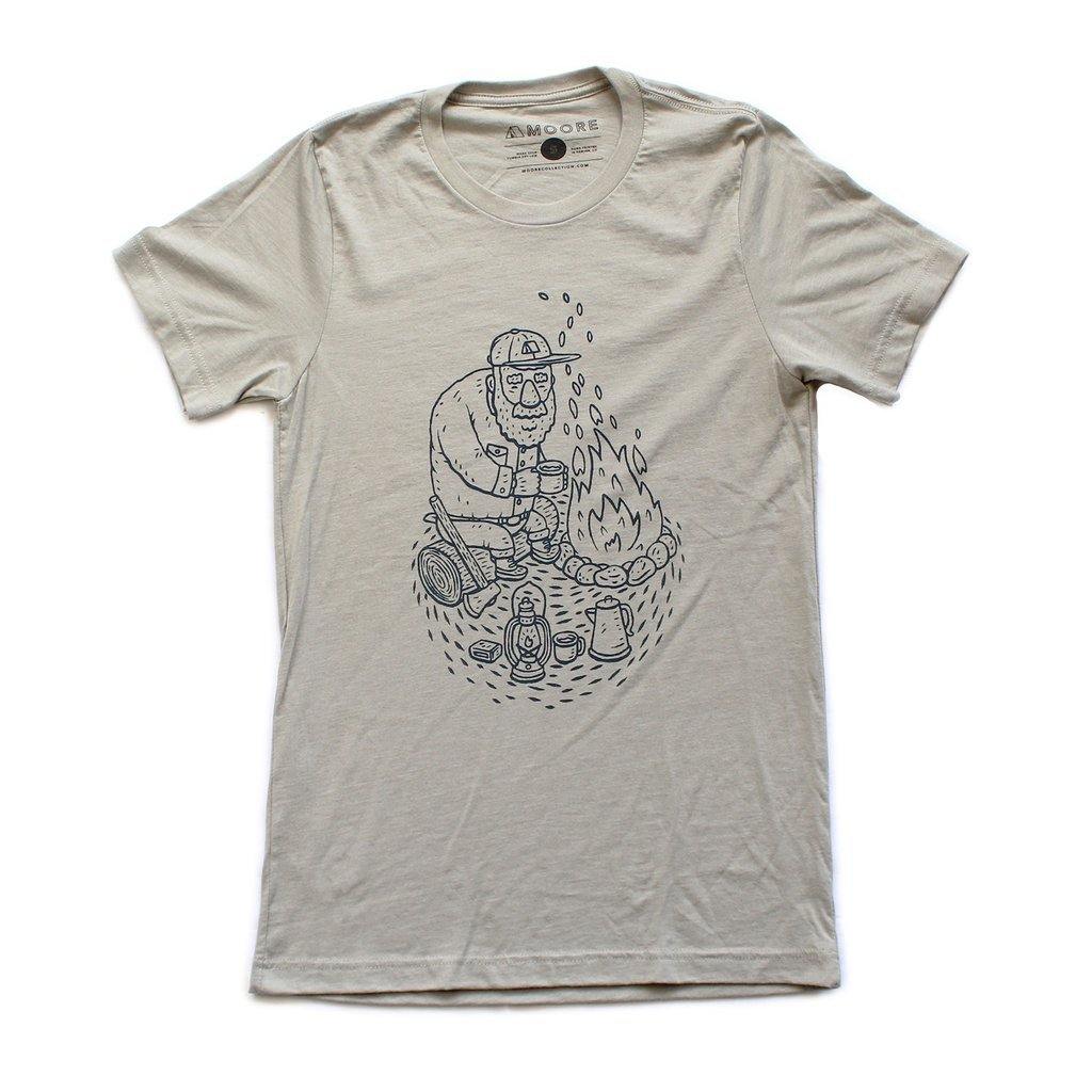 Screen-printed mens wilderness t-shirt. Grey shirt with navy ink. Campfire shirt.