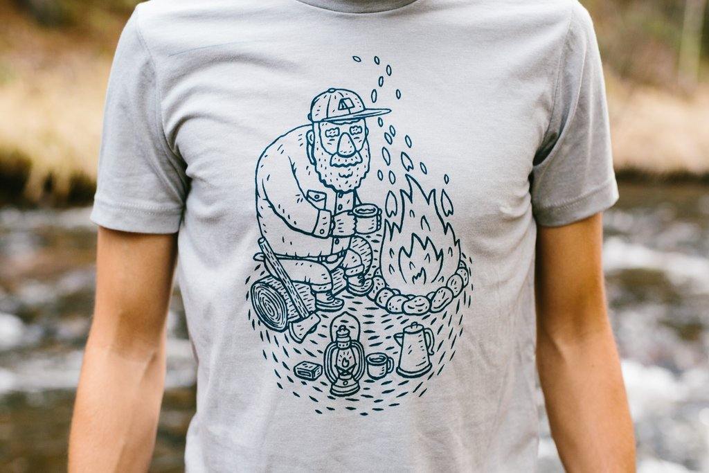 Screen-printed mens wilderness t-shirt. Grey shirt with navy ink. Campfire shirt.