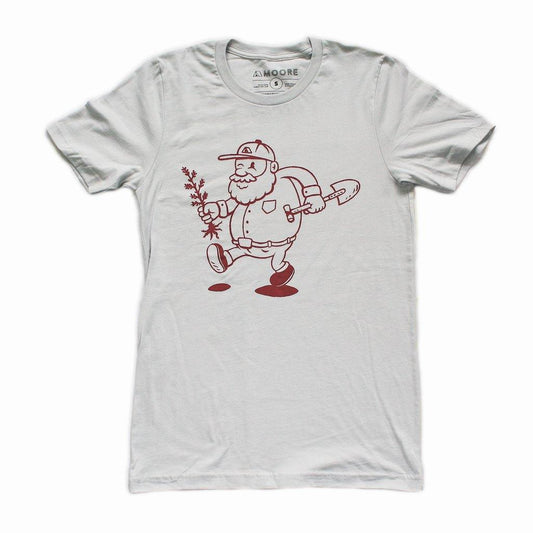 Grey men's tee shirt picturing a man planting a tree. Outdoor mountain style