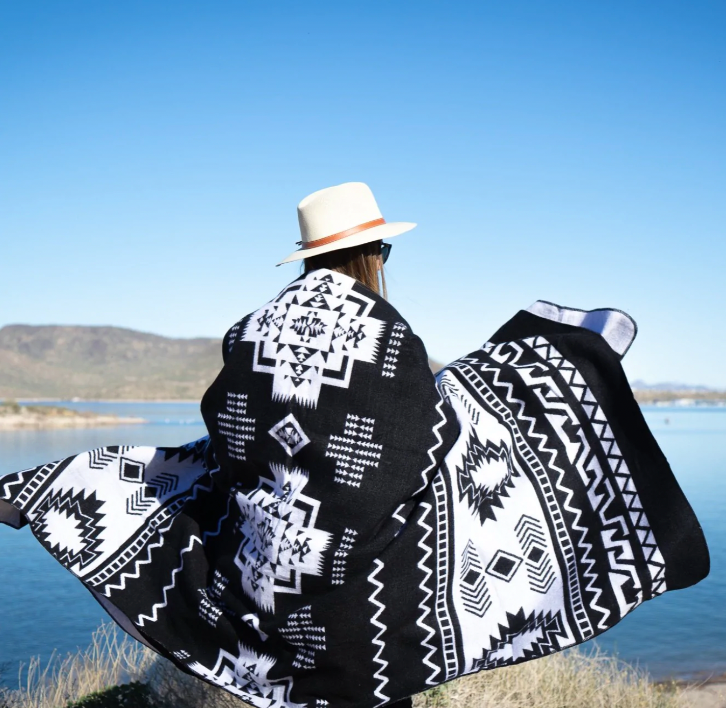 Black and White Aztec Pattern Blanket on model