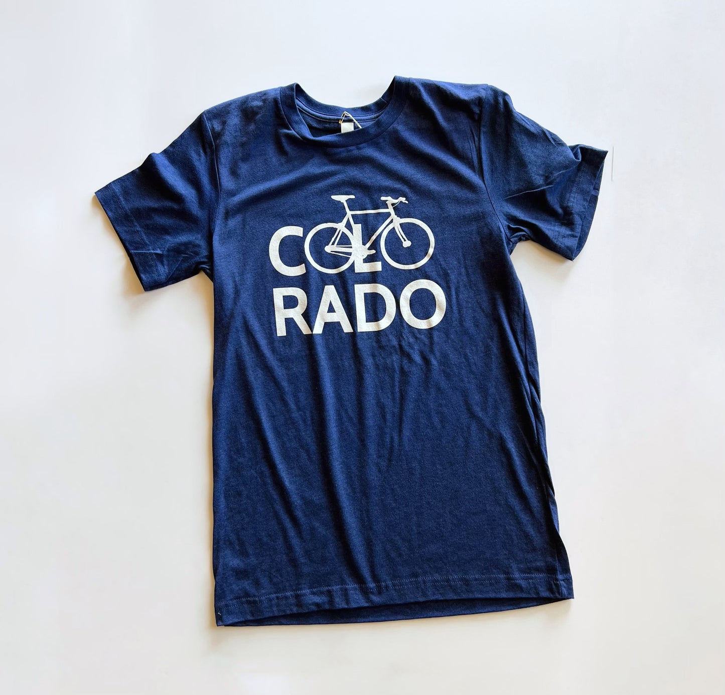Blue t-shirt with white Bike Colorado graphic