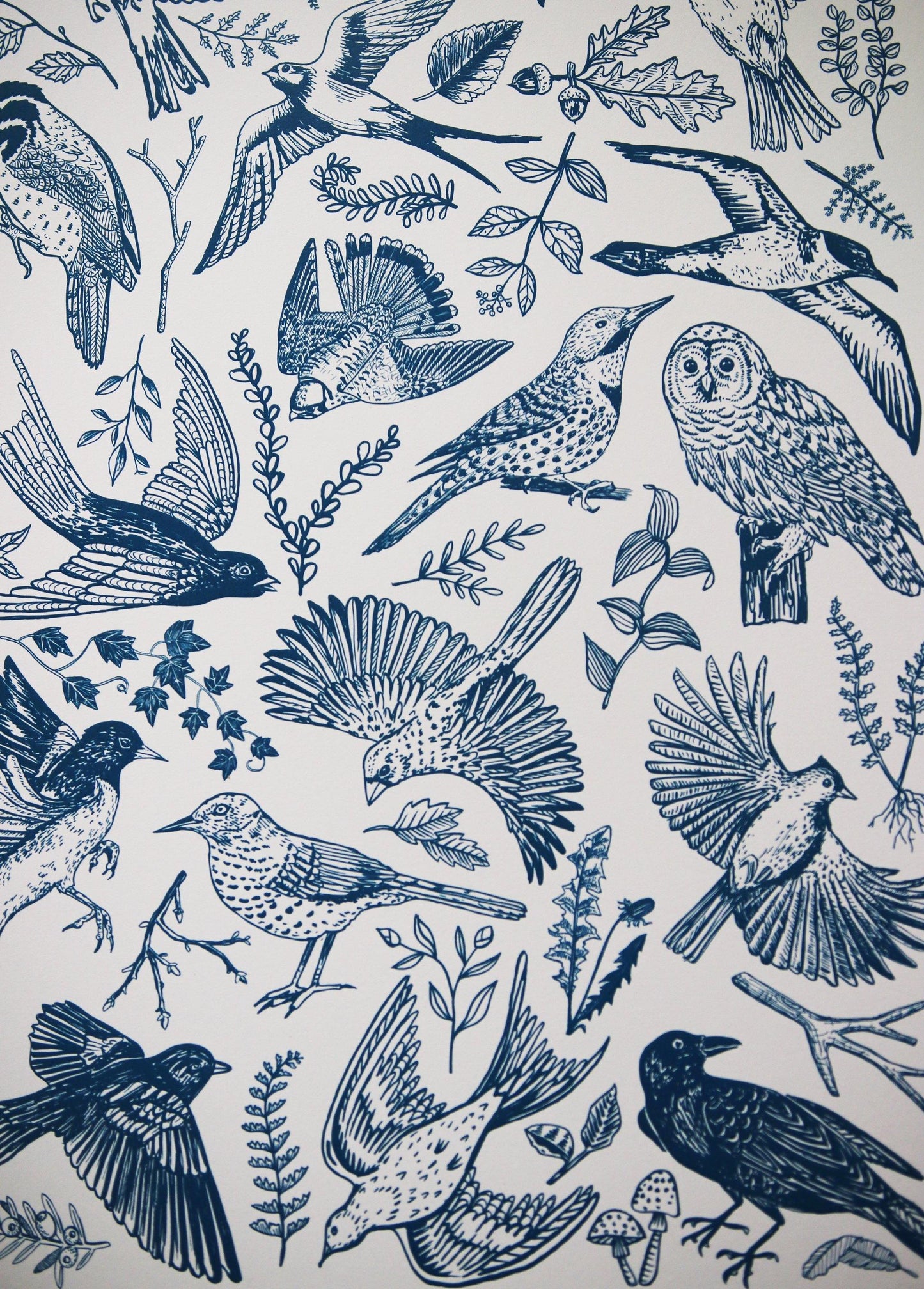 Blue Bird and Botanical Wall Art Print Detail