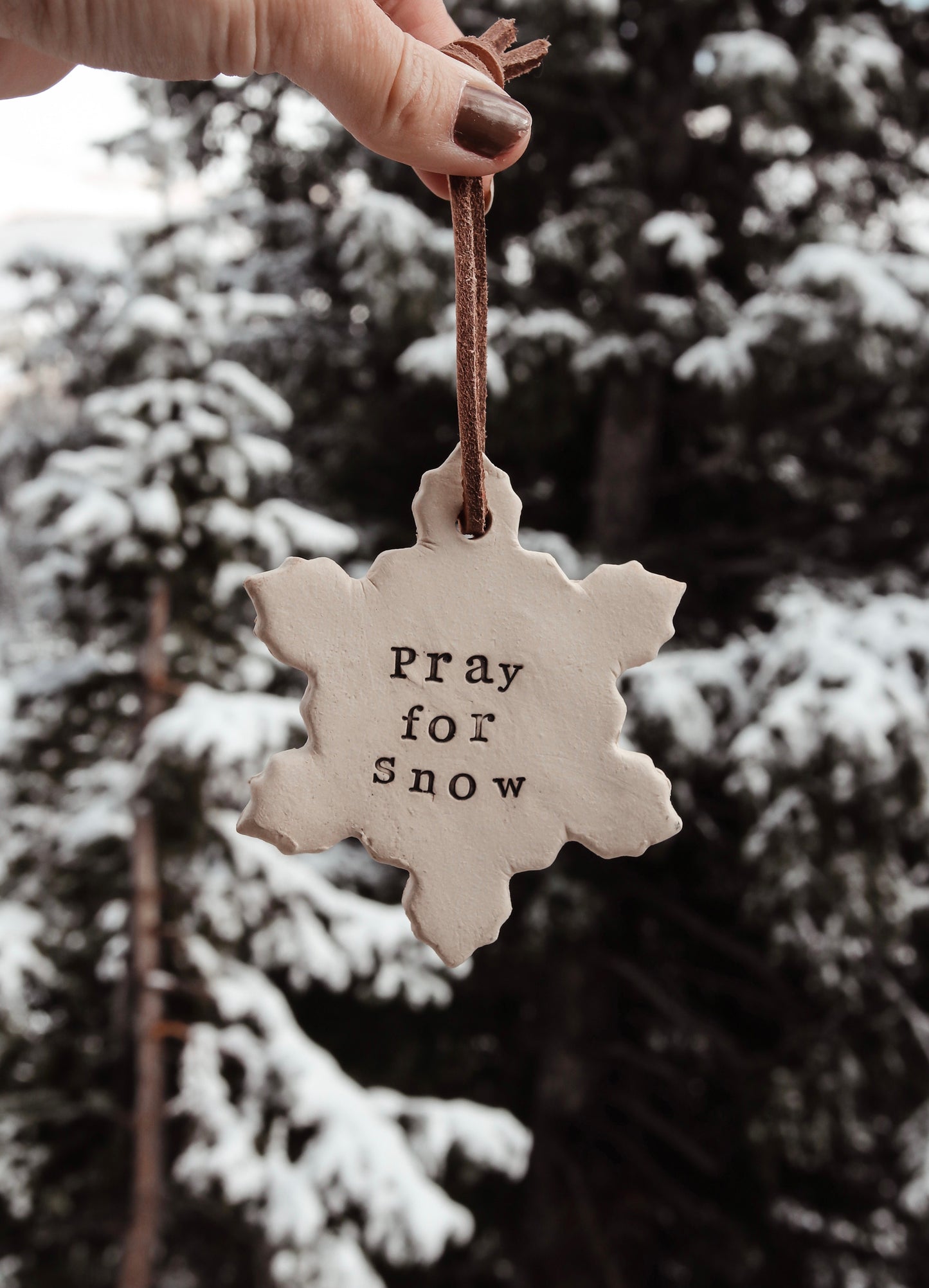 Pray for Snow ceramic snowflake ornament