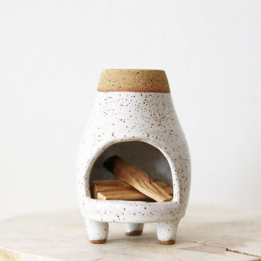 White speckled ceramic chiminea. Perfect for incense, palo santo or a tea light candle.
