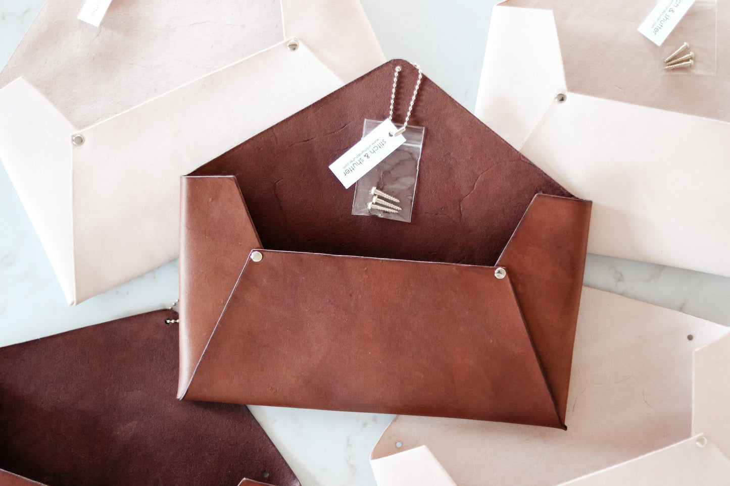 Leather wall mail holder. Brown handmade leather wall pocket