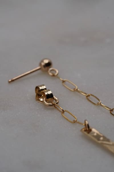 Gold dangle earring with dangle backing earjacket. turquoise detail teardrop